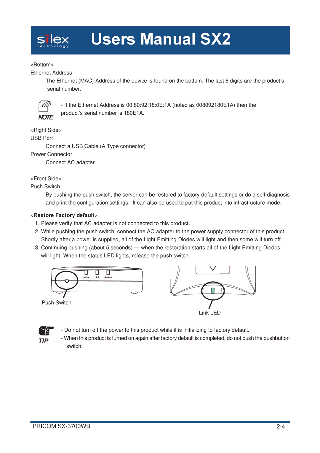 Silex technology SX-3700WB user manual Restore Factory default 