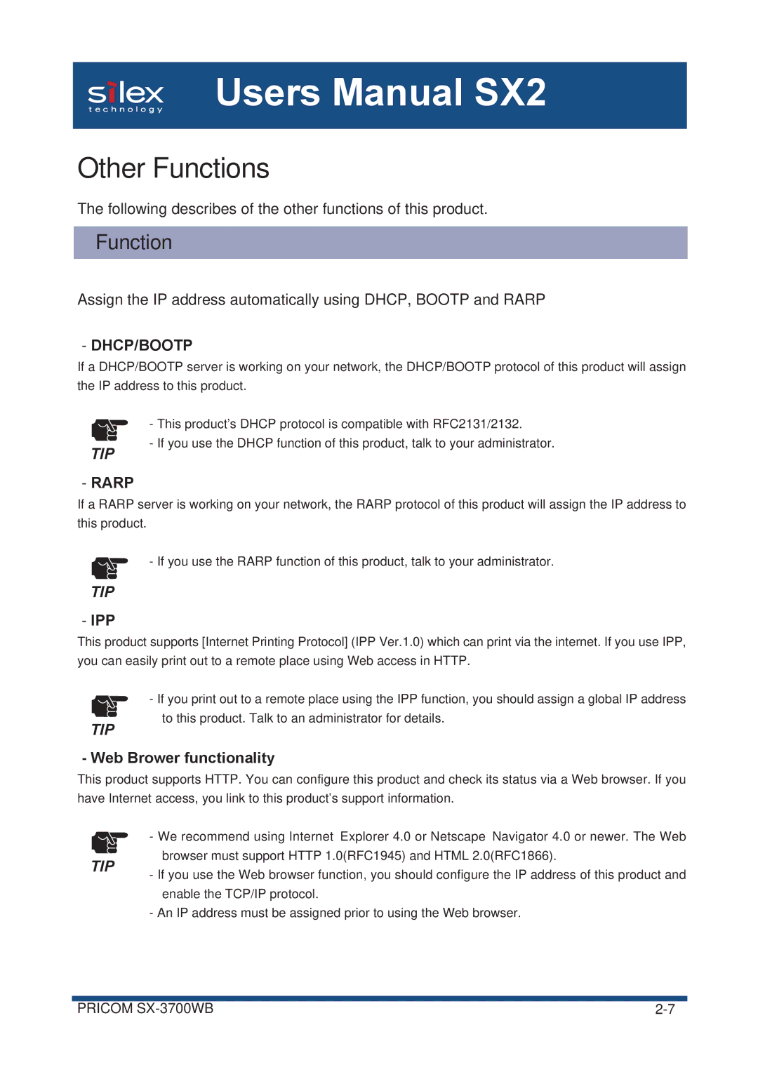 Silex technology SX-3700WB user manual Other Functions, Web Brower functionality 