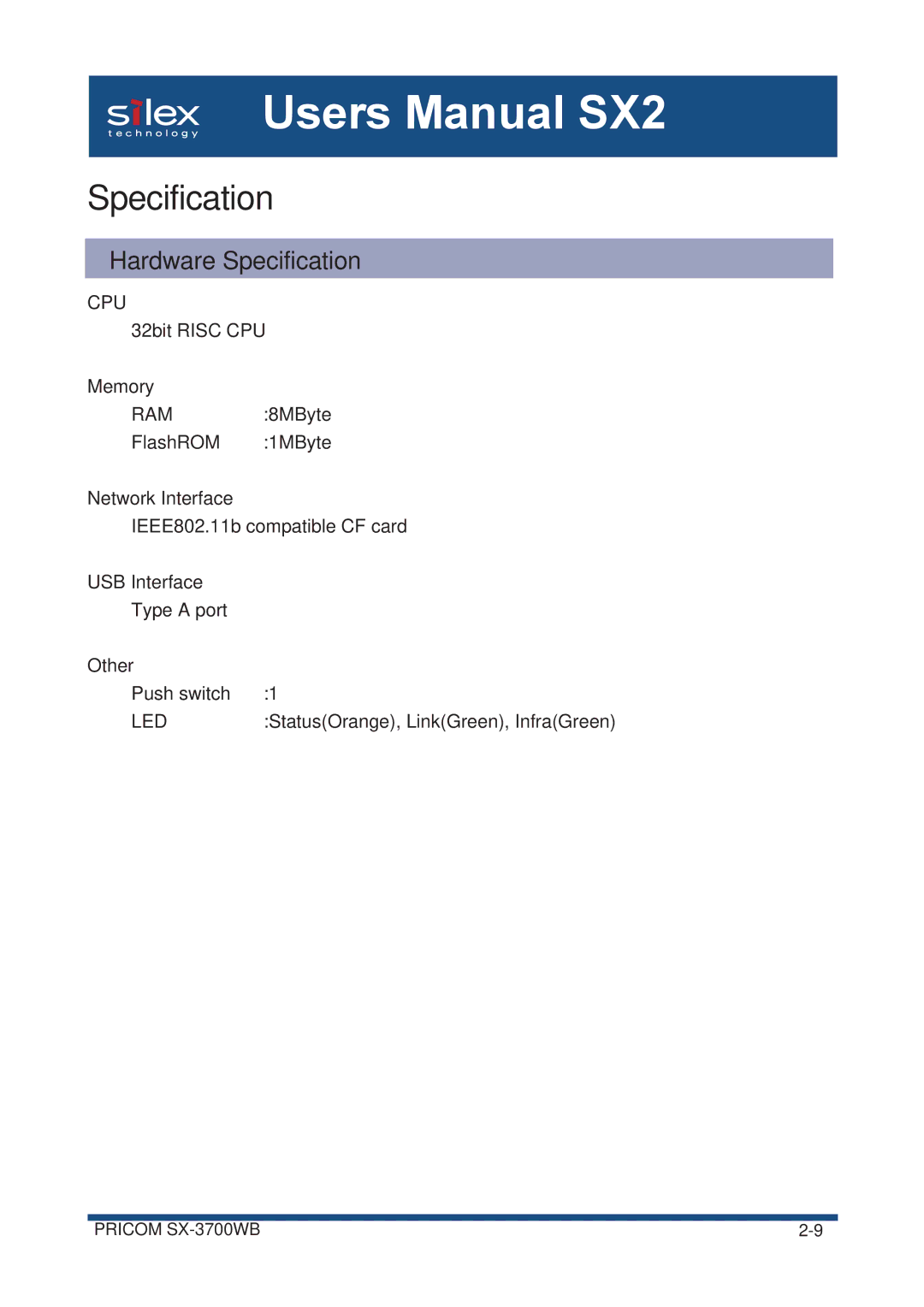 Silex technology SX-3700WB user manual Hardware Specification 