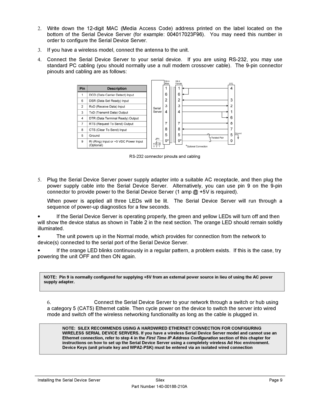 Silex technology SX-500-1402 manual RS-232 connector pinouts and cabling 