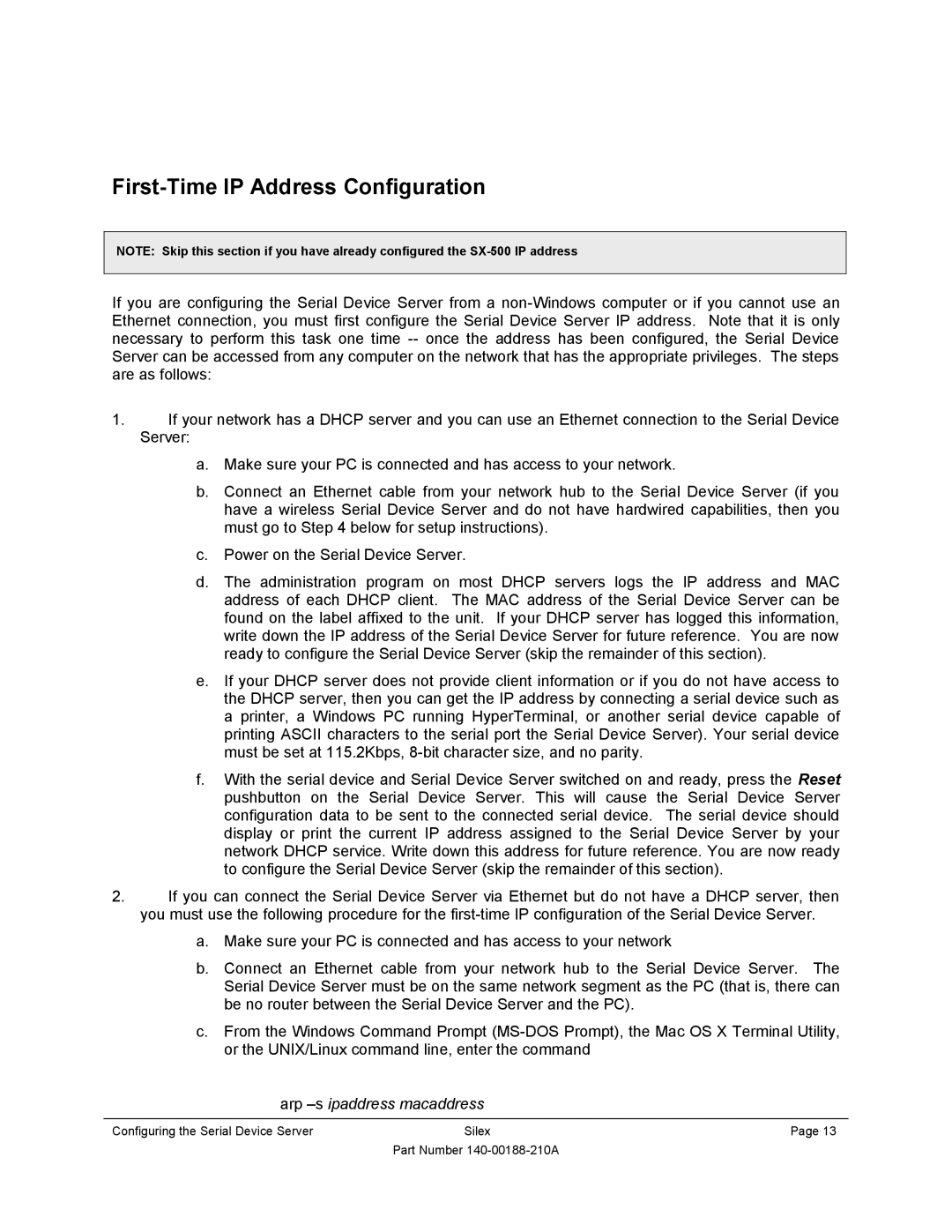 Silex technology SX-500-1402 manual First-Time IP Address Configuration 