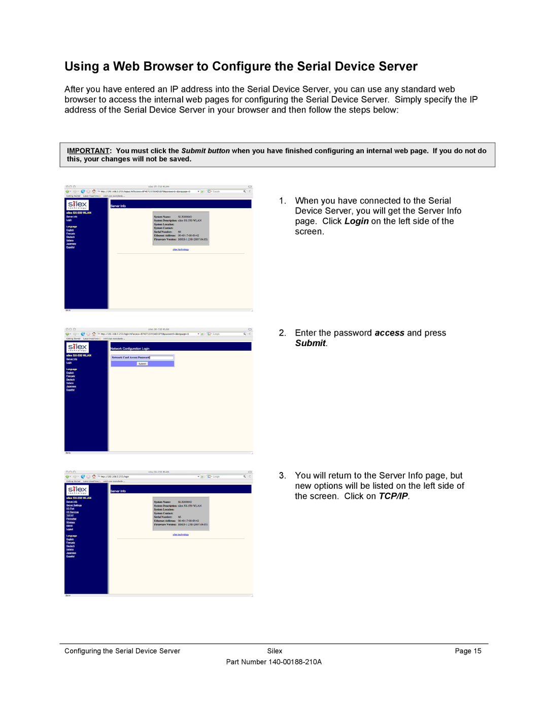 Silex technology SX-500-1402 manual Using a Web Browser to Configure the Serial Device Server 