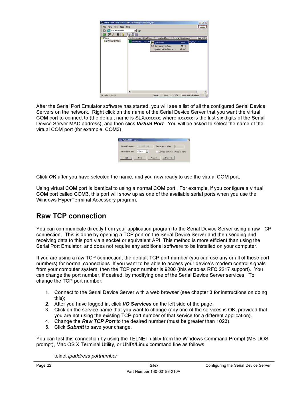 Silex technology SX-500-1402 manual Raw TCP connection, Telnet ipaddress portnumber 