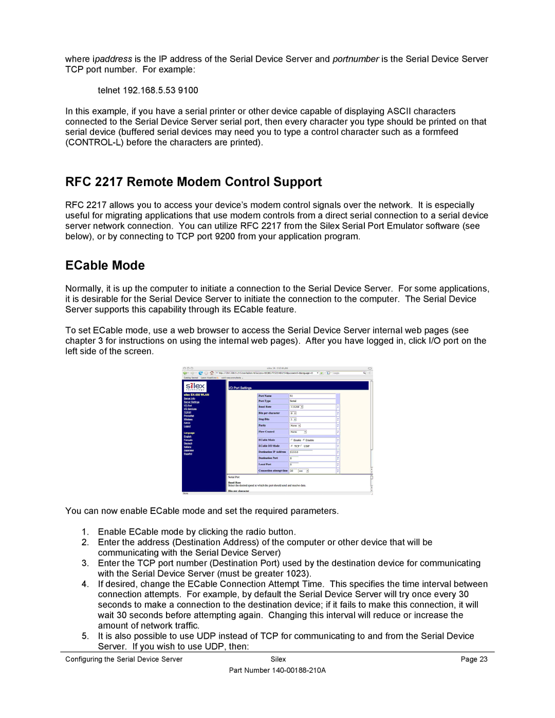 Silex technology SX-500-1402 manual RFC 2217 Remote Modem Control Support, ECable Mode 