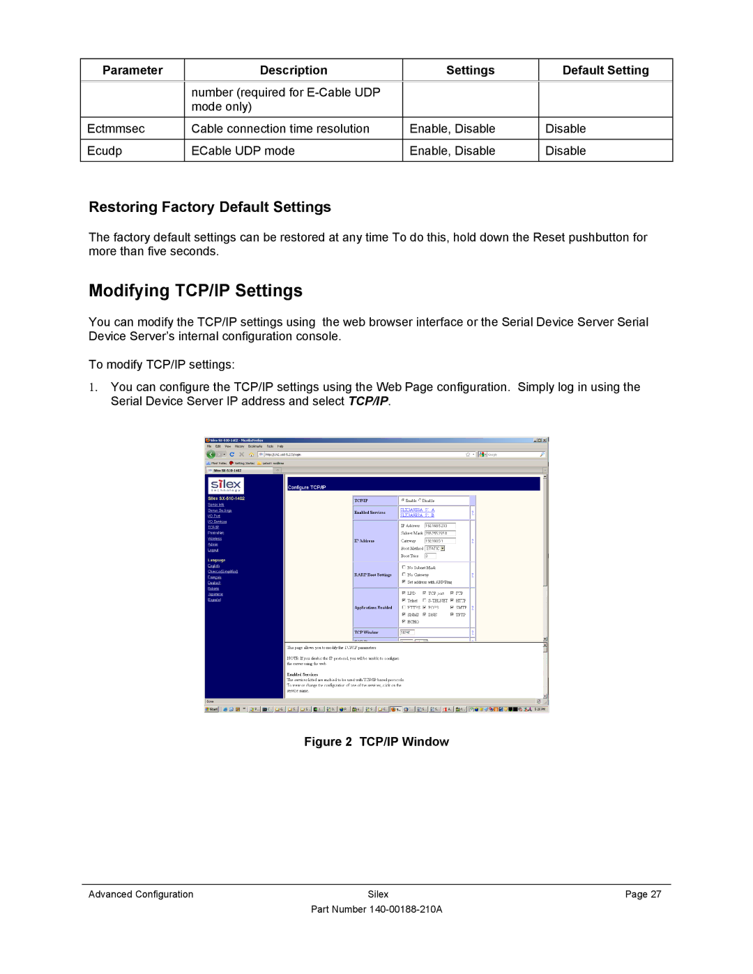 Silex technology SX-500-1402 manual Modifying TCP/IP Settings, Parameter Description Settings Default Setting 