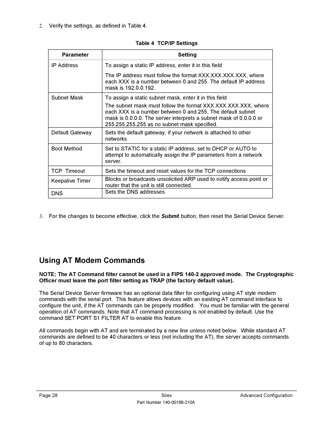 Silex technology SX-500-1402 manual Using AT Modem Commands, TCP/IP Settings Parameter, Dns 