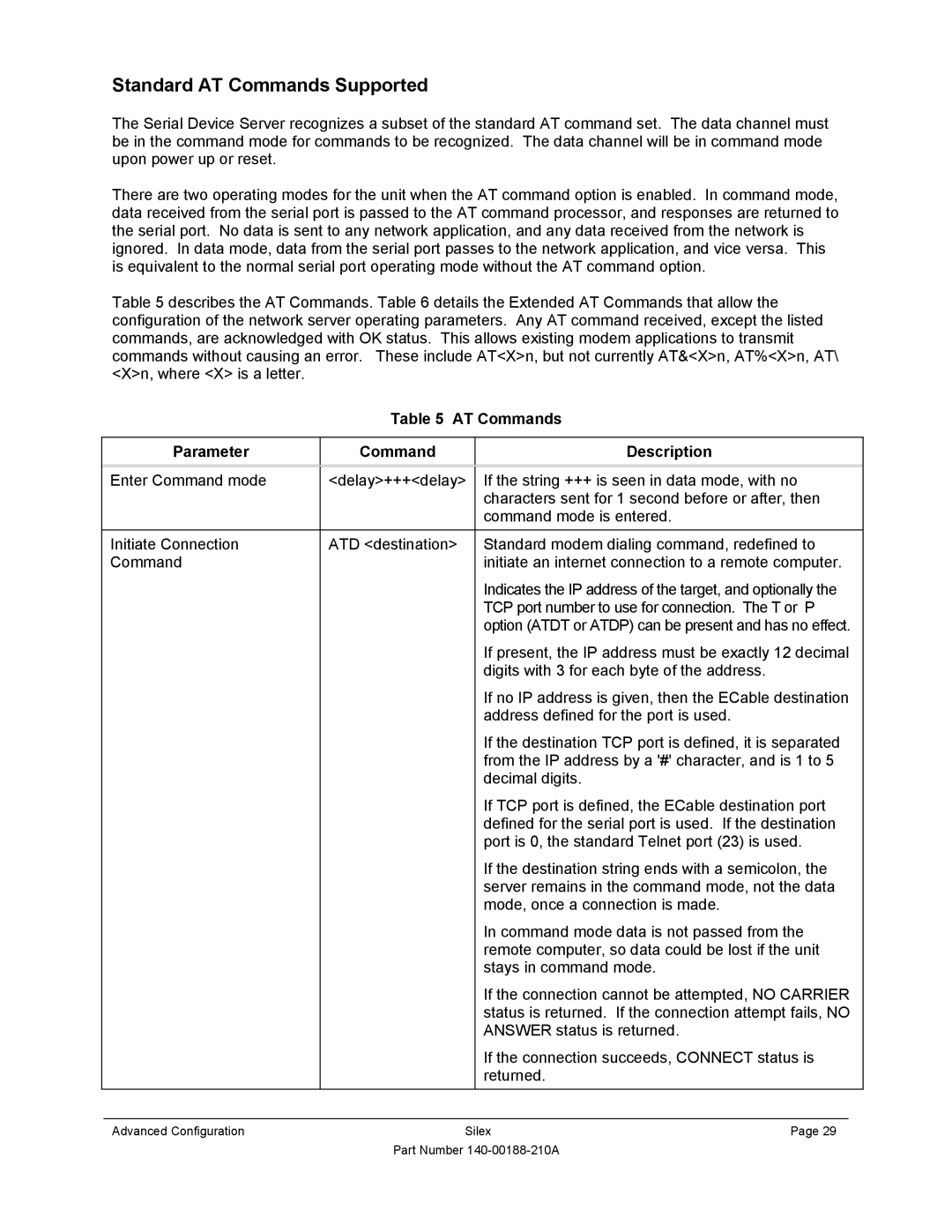 Silex technology SX-500-1402 manual Standard AT Commands Supported, AT Commands Parameter Description 