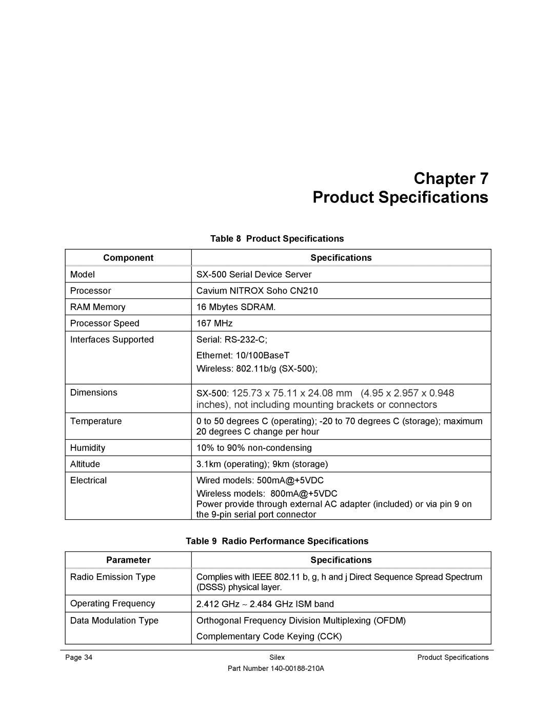 Silex technology SX-500-1402 manual Chapter Product Specifications, Product Specifications Component 