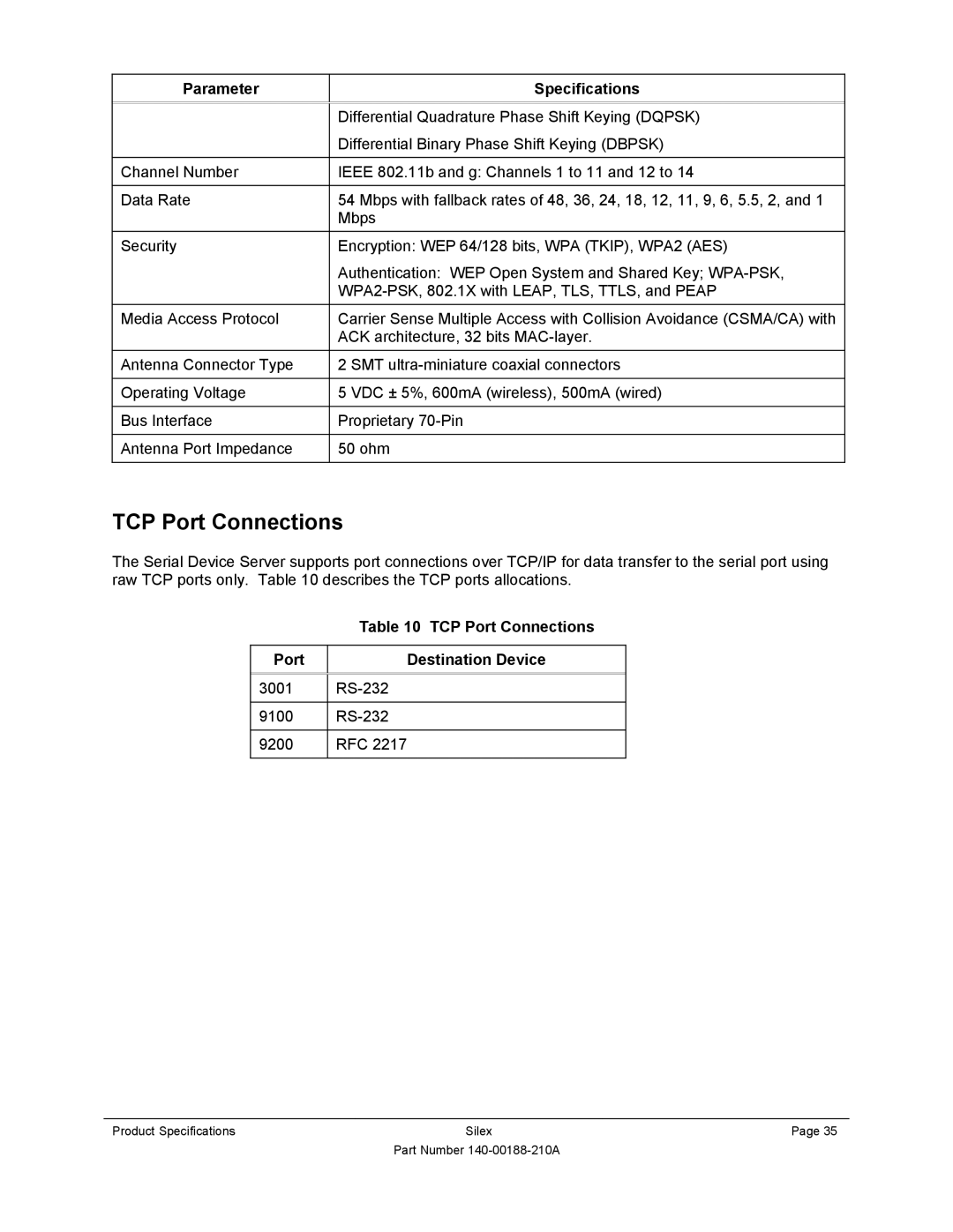 Silex technology SX-500-1402 manual TCP Port Connections, Parameter Specifications, Port Destination Device 