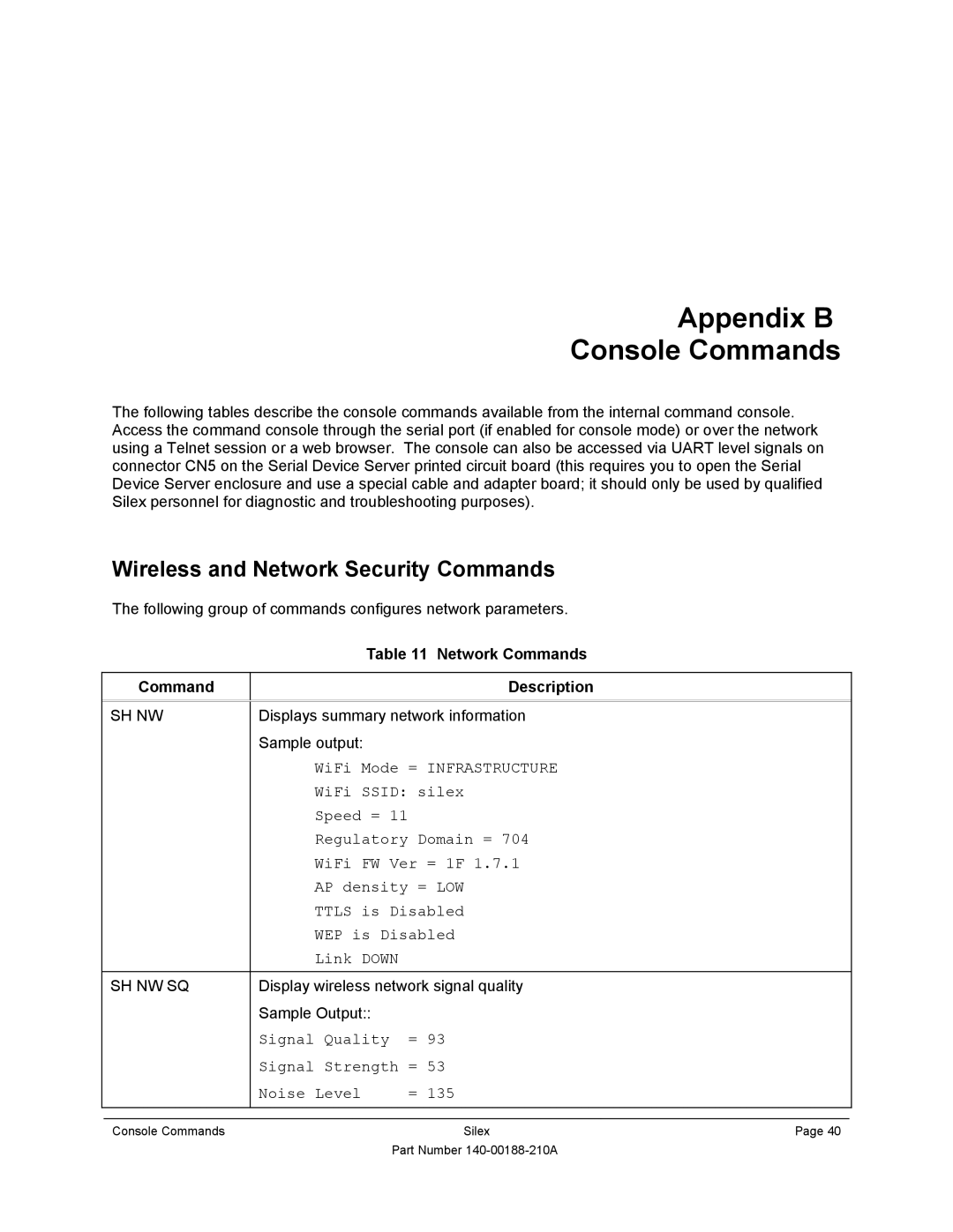 Silex technology SX-500-1402 manual Appendix B Console Commands, Wireless and Network Security Commands 