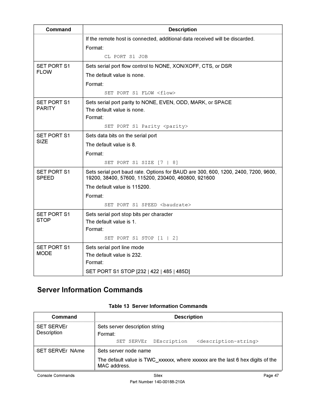 Silex technology SX-500-1402 manual Server Information Commands, CL Port S1 JOB, SET Port S1 Size 7, SET Port S1 Stop 1 