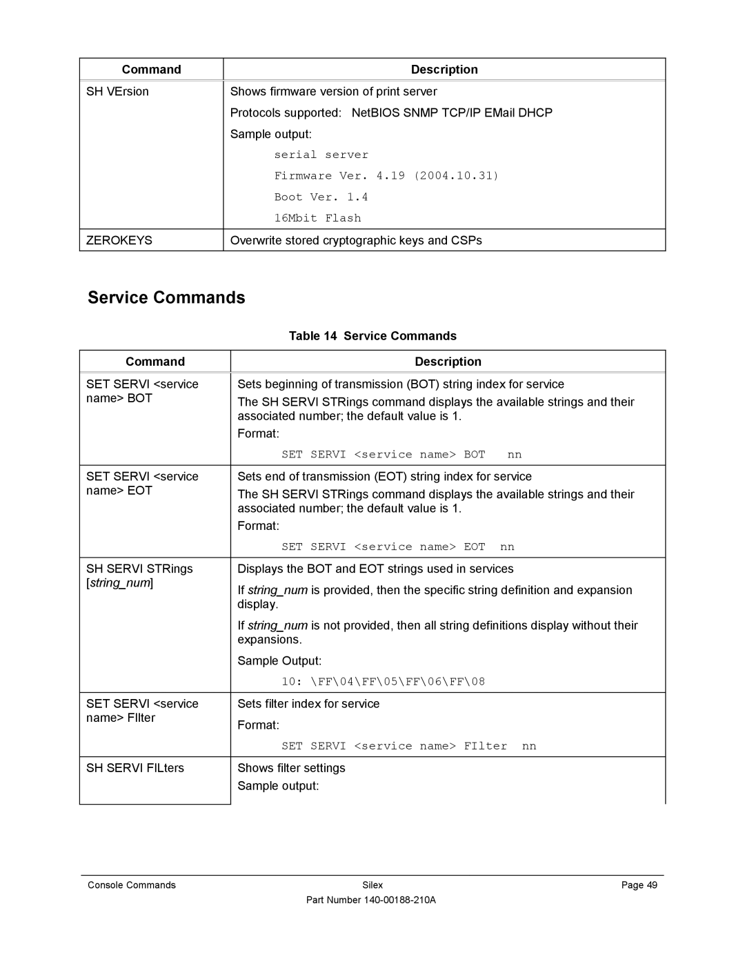 Silex technology SX-500-1402 manual Service Commands Description 