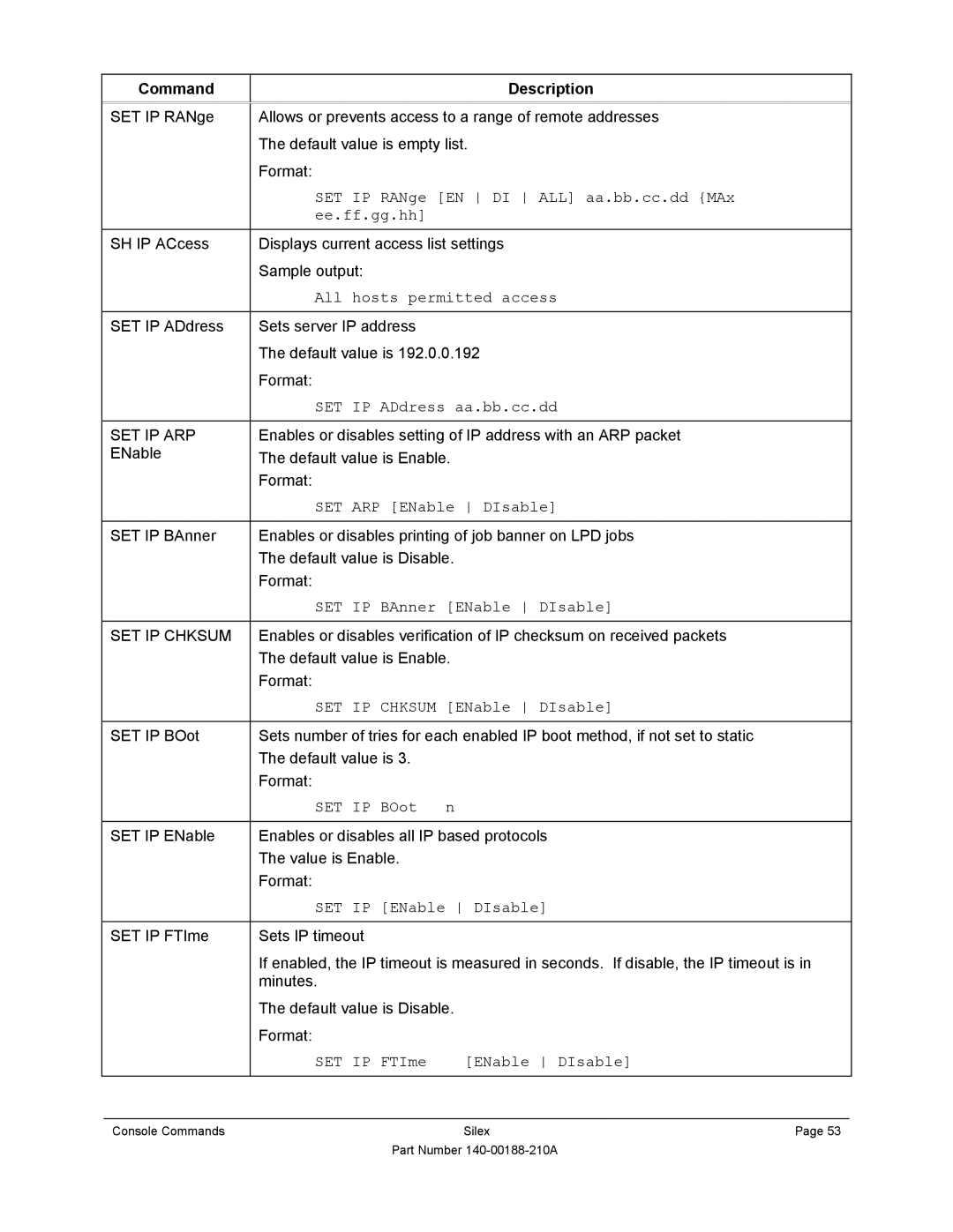 Silex technology SX-500-1402 SET IP RANge EN DI ALL aa.bb.cc.dd MAx Ee.ff.gg.hh, All hosts permitted access, SET IP BOot 