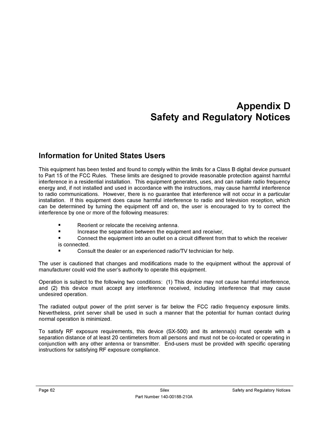 Silex technology SX-500-1402 manual Appendix D Safety and Regulatory Notices, Information for United States Users 