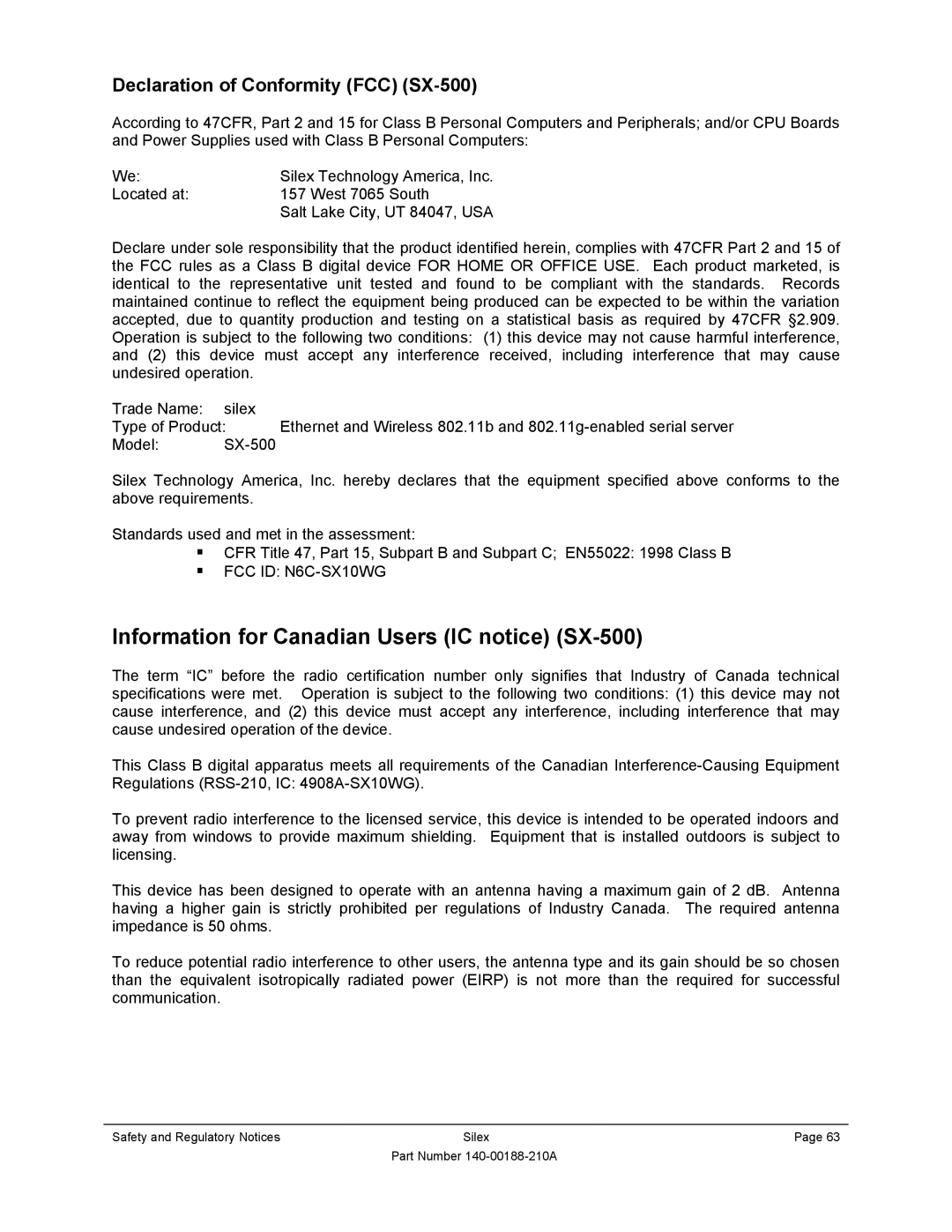 Silex technology SX-500-1402 manual Information for Canadian Users IC notice SX-500,  FCC ID N6C-SX10WG 