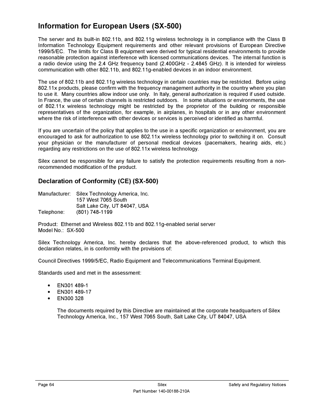 Silex technology SX-500-1402 manual Information for European Users SX-500, Declaration of Conformity CE SX-500 