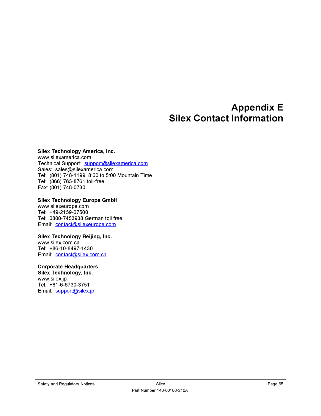 Silex technology SX-500-1402 manual Appendix E Silex Contact Information, Silex Technology America, Inc 