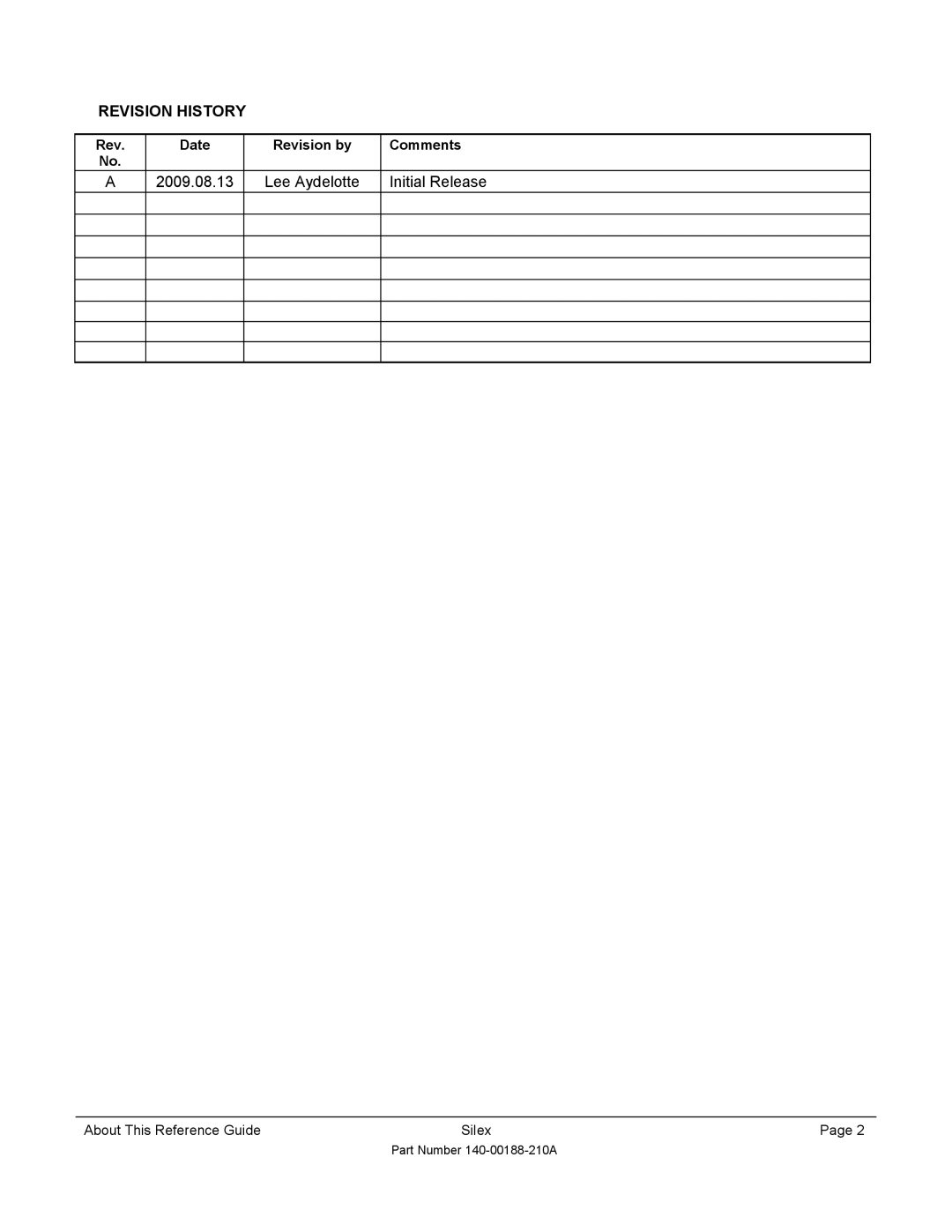 Silex technology SX-500-1402 manual Revision History, Lee Aydelotte Initial Release 