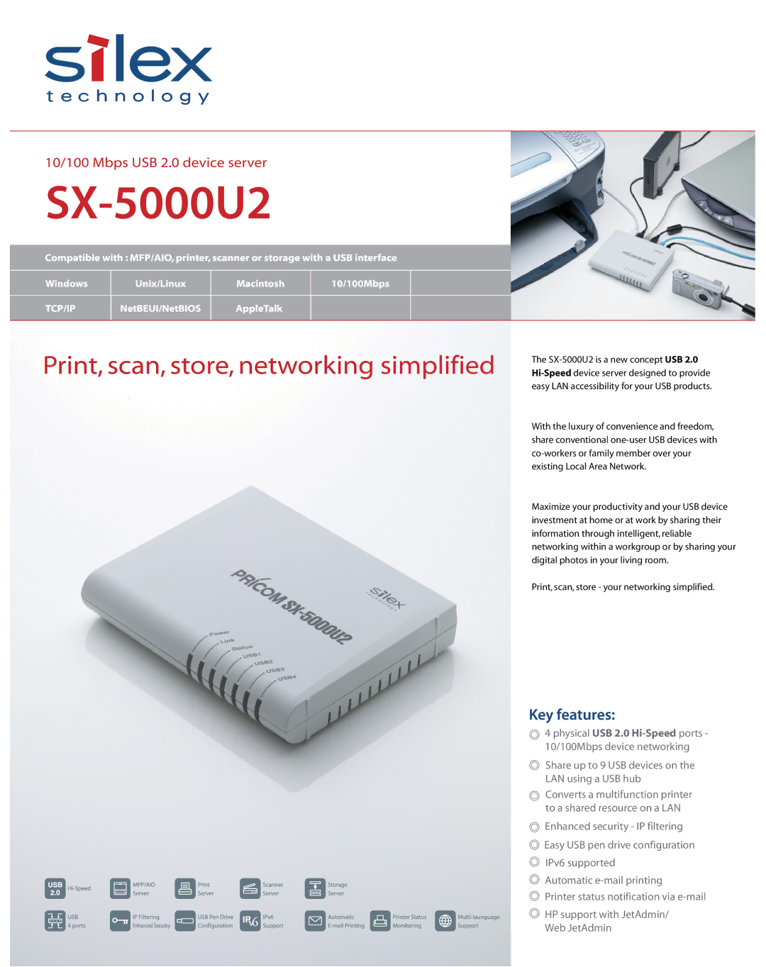 Silex technology SX-5000U2 manual Share up to 9 USB devices on the LAN using a USB hub 