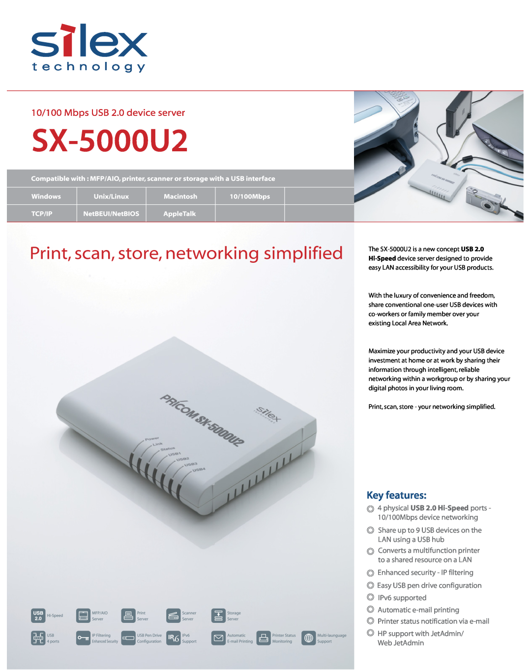 Silex technology SX-5000U2 manual Share up to 9 USB devices on the LAN using a USB hub 