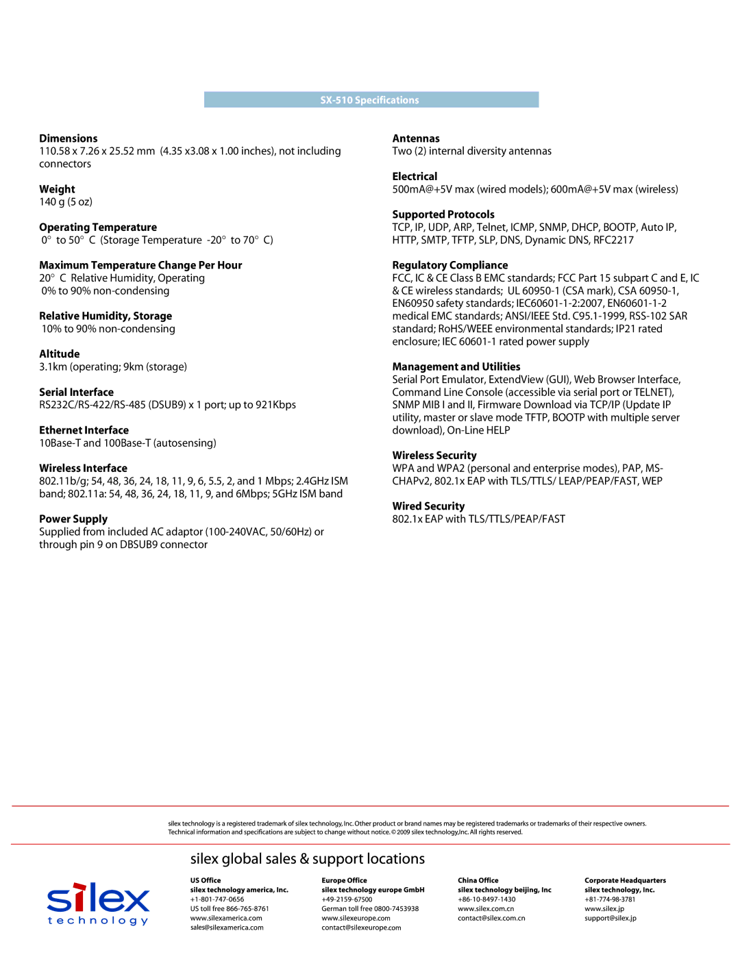 Silex technology SX-510 Dimensions, Weight, Operating Temperature, Maximum Temperature Change Per Hour, Altitude, Antennas 