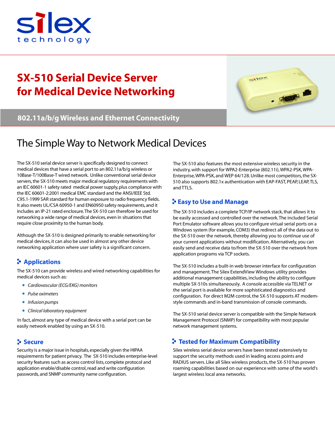 Silex technology manual SX-510 Serial Device Server for Medical Device Networking, Easy to Use and Manage, Applications 