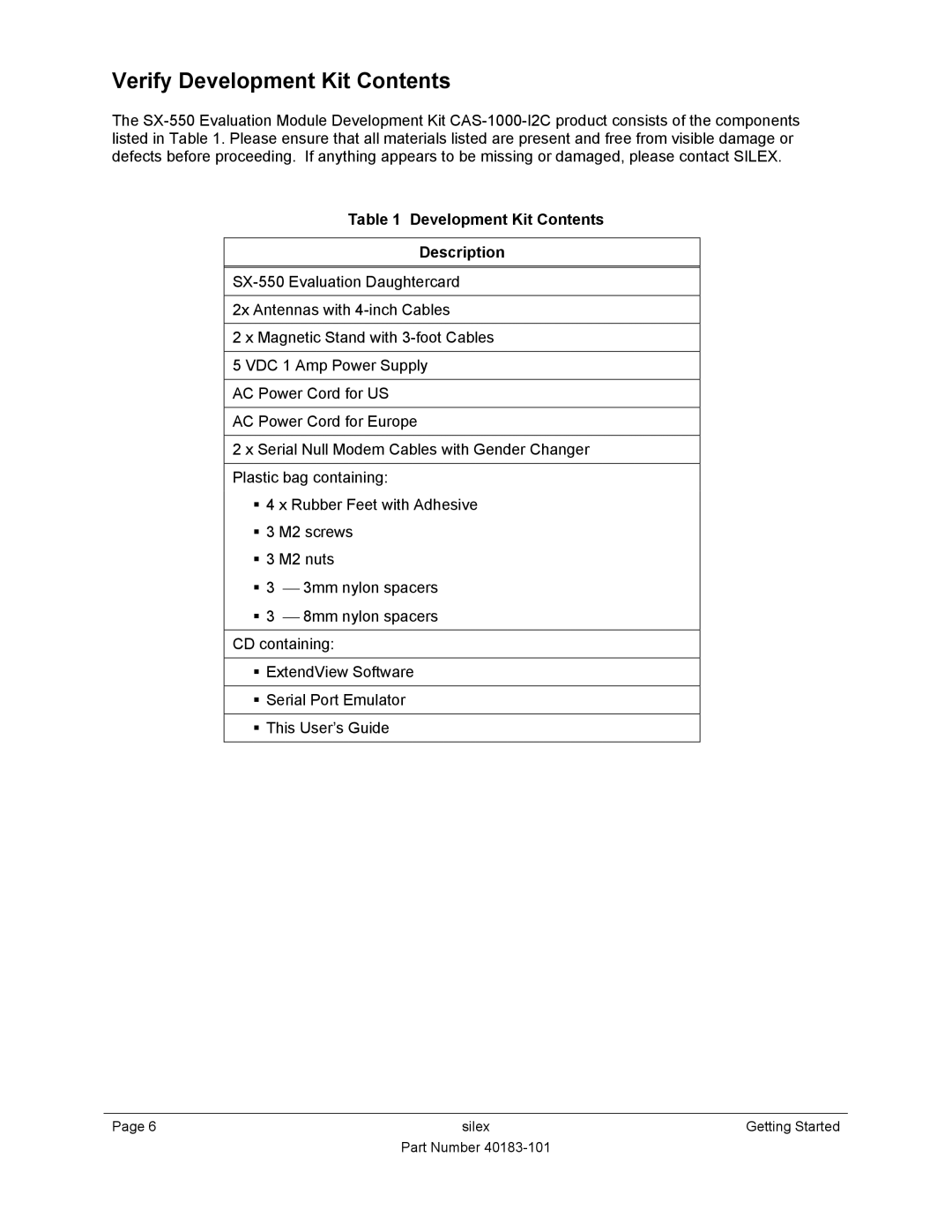 Silex technology SX-550 manual Verify Development Kit Contents 