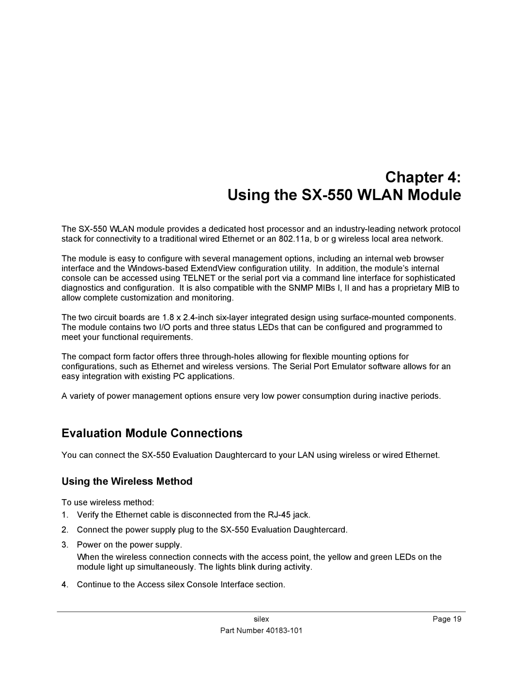 Silex technology manual Chapter Using the SX-550 Wlan Module, Evaluation Module Connections, Using the Wireless Method 