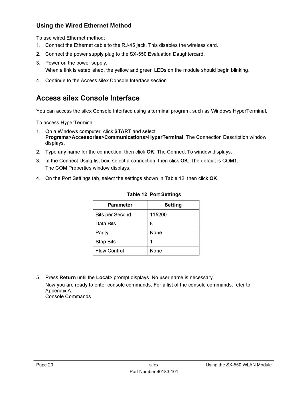 Silex technology SX-550 manual Access silex Console Interface, Using the Wired Ethernet Method, Port Settings Parameter 