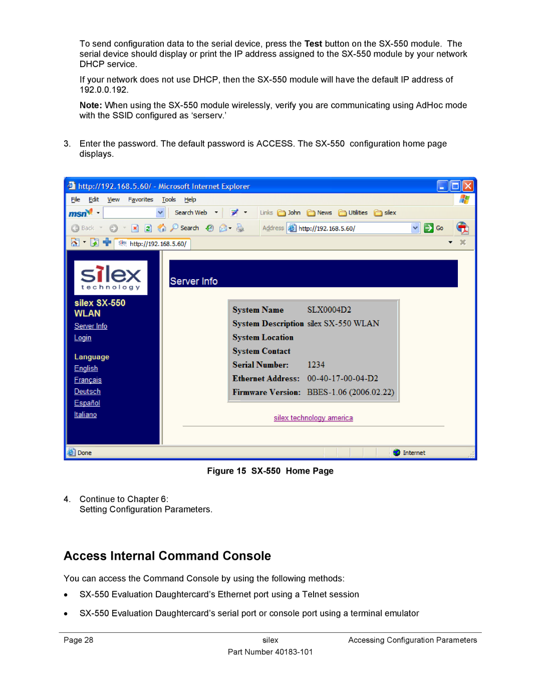 Silex technology manual Access Internal Command Console, SX-550 Home 