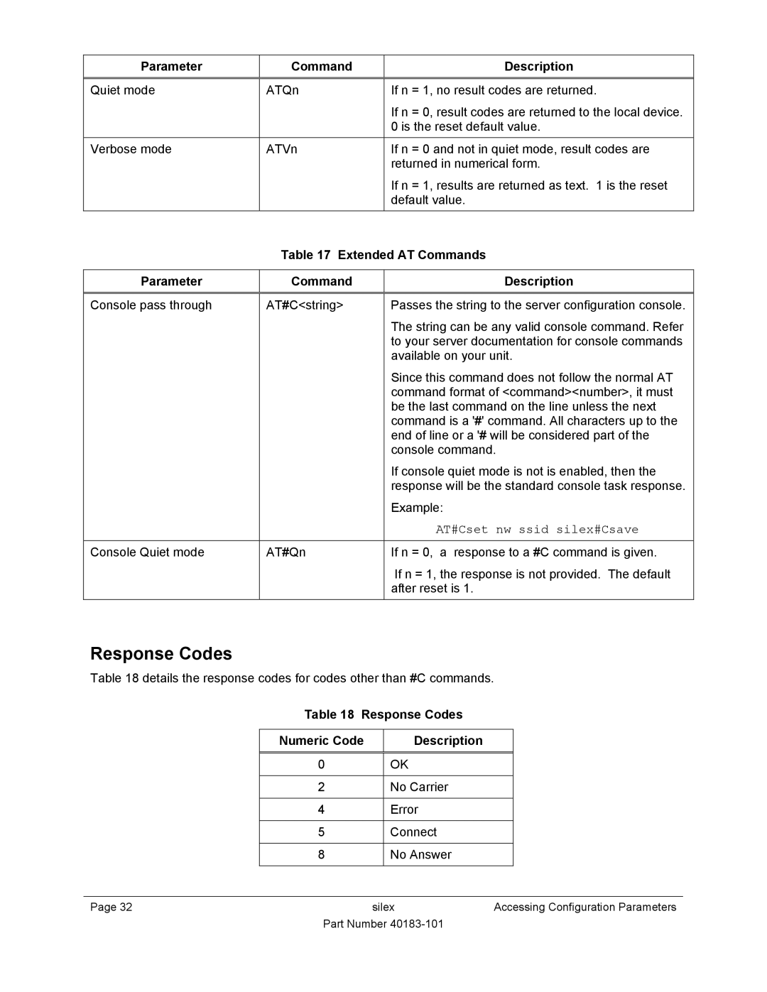 Silex technology SX-550 manual Response Codes, Parameter Command Description, Extended AT Commands Parameter Description 