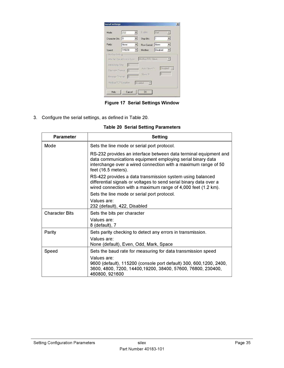 Silex technology SX-550 manual Serial Setting Parameters, Parameter Setting 