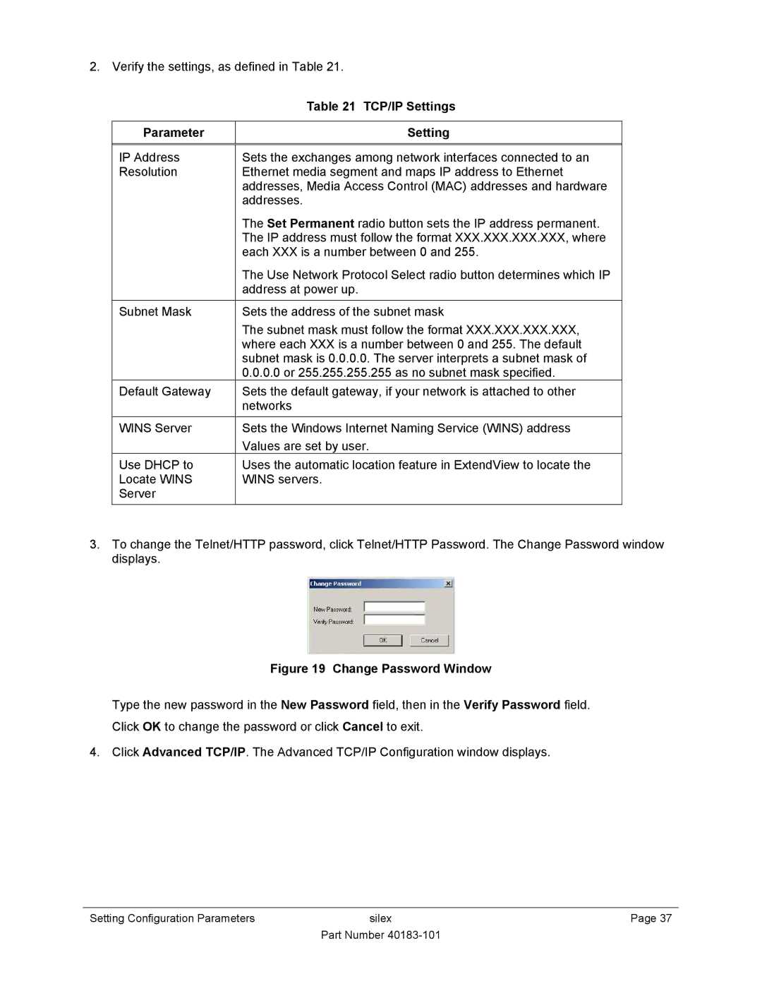 Silex technology SX-550 manual TCP/IP Settings, Change Password Window 