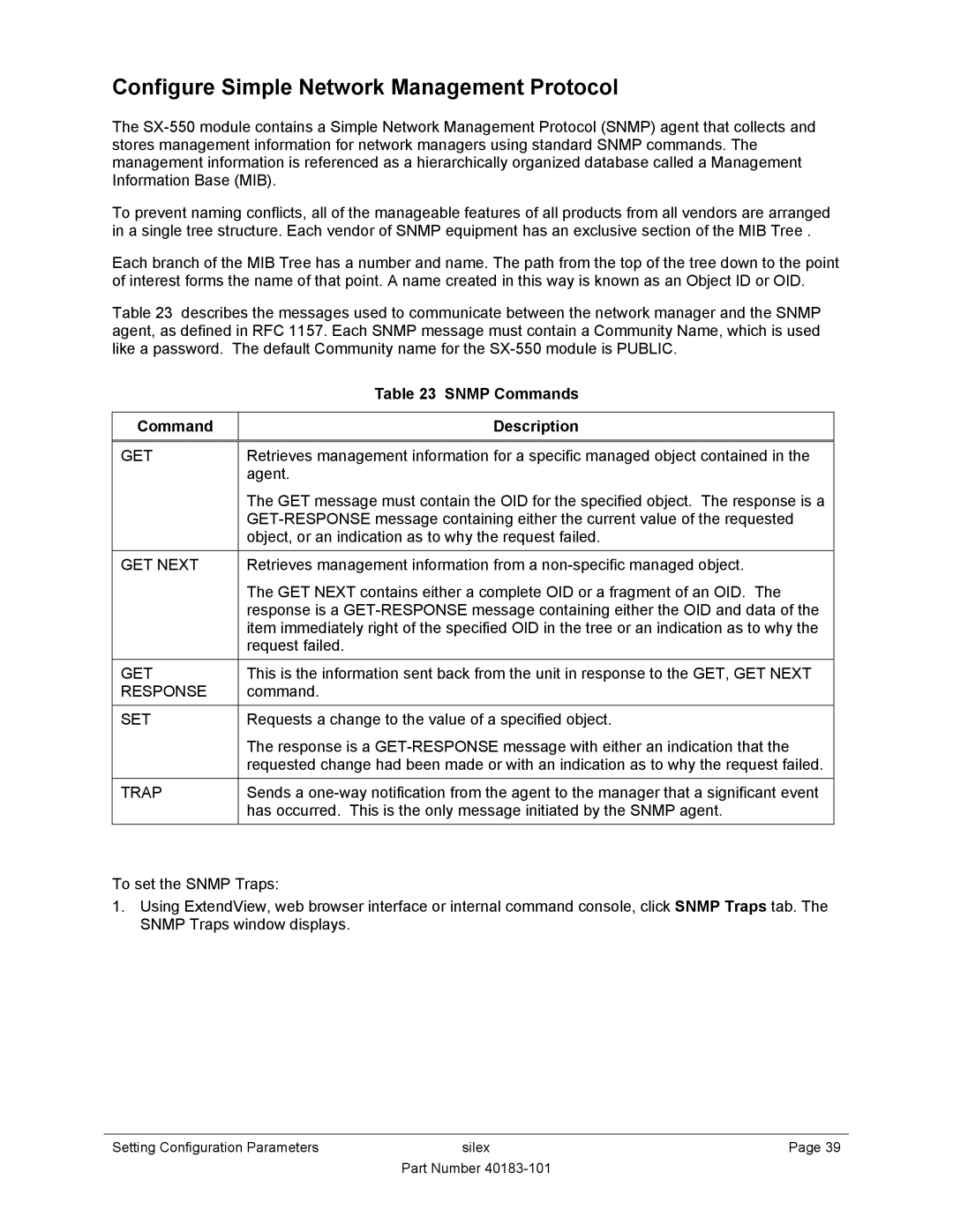 Silex technology SX-550 manual Configure Simple Network Management Protocol, Snmp Commands, Command Description 