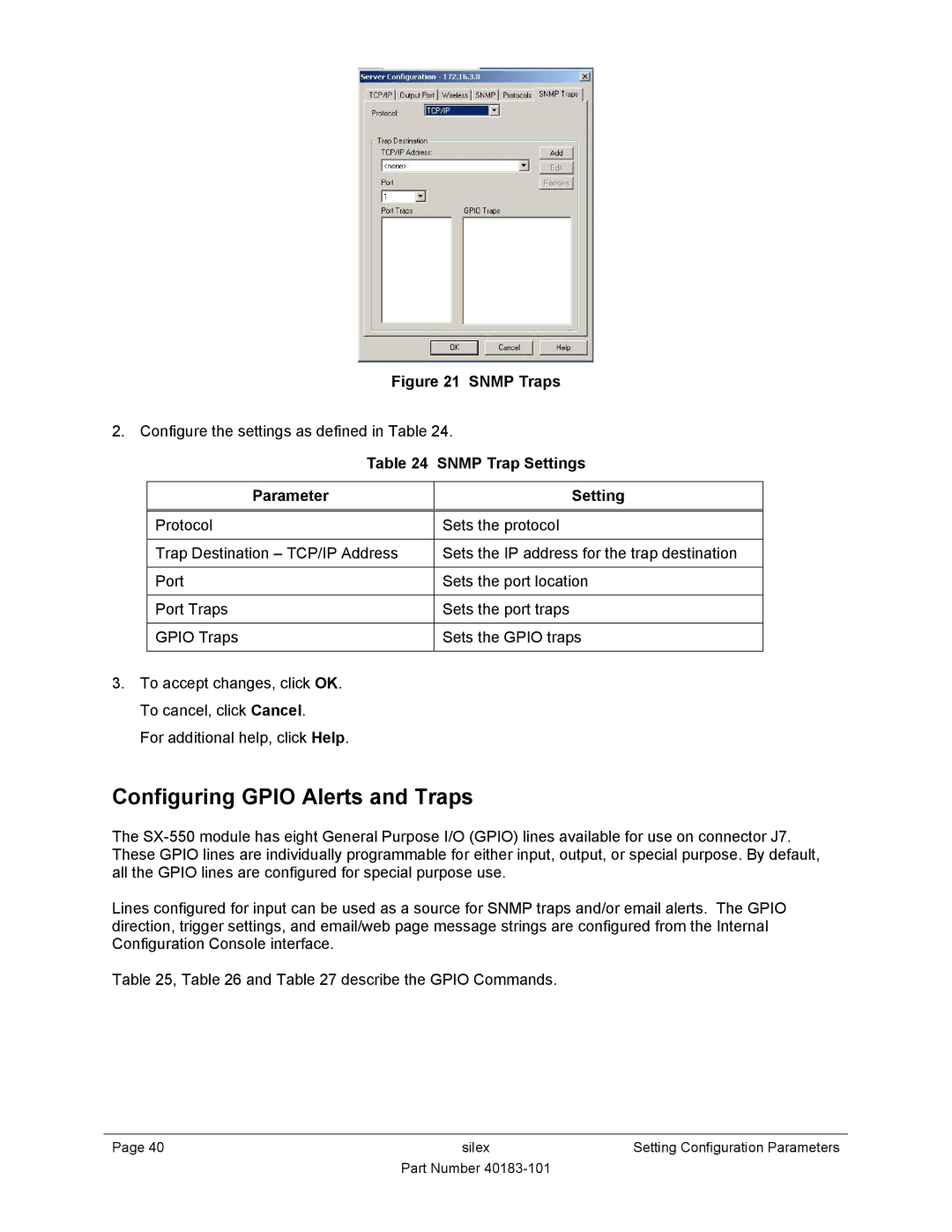 Silex technology SX-550 manual Configuring Gpio Alerts and Traps, Snmp Trap Settings Parameter 