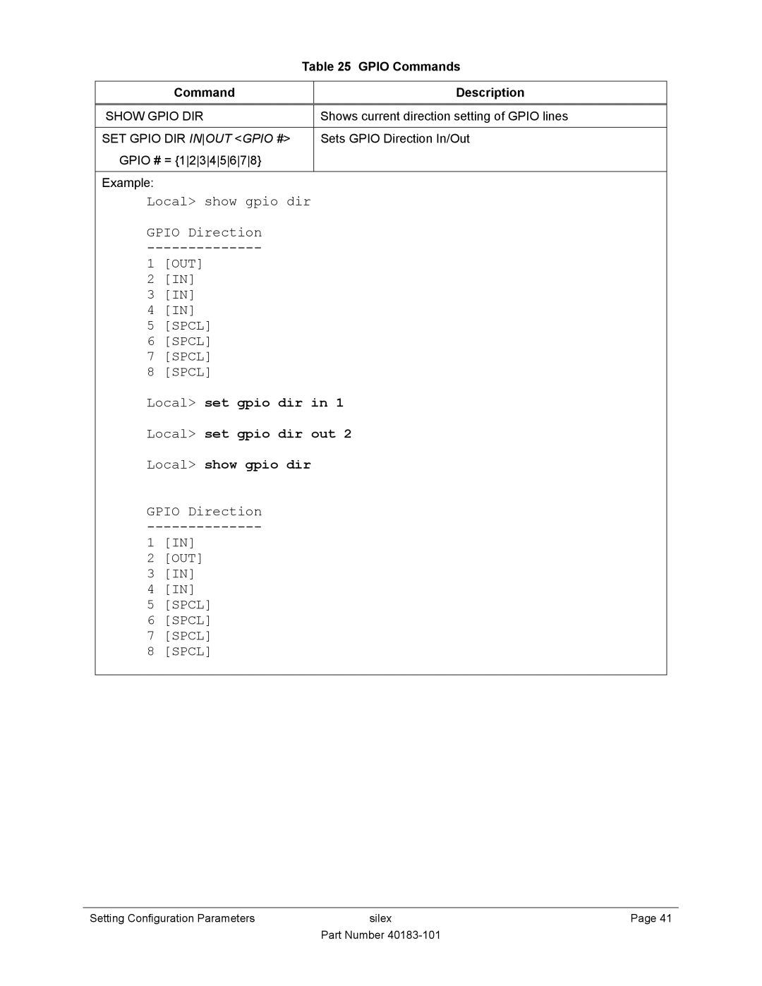 Silex technology SX-550 manual Gpio Commands Description, Show Gpio DIR, SET Gpio DIR in OUT Gpio # 