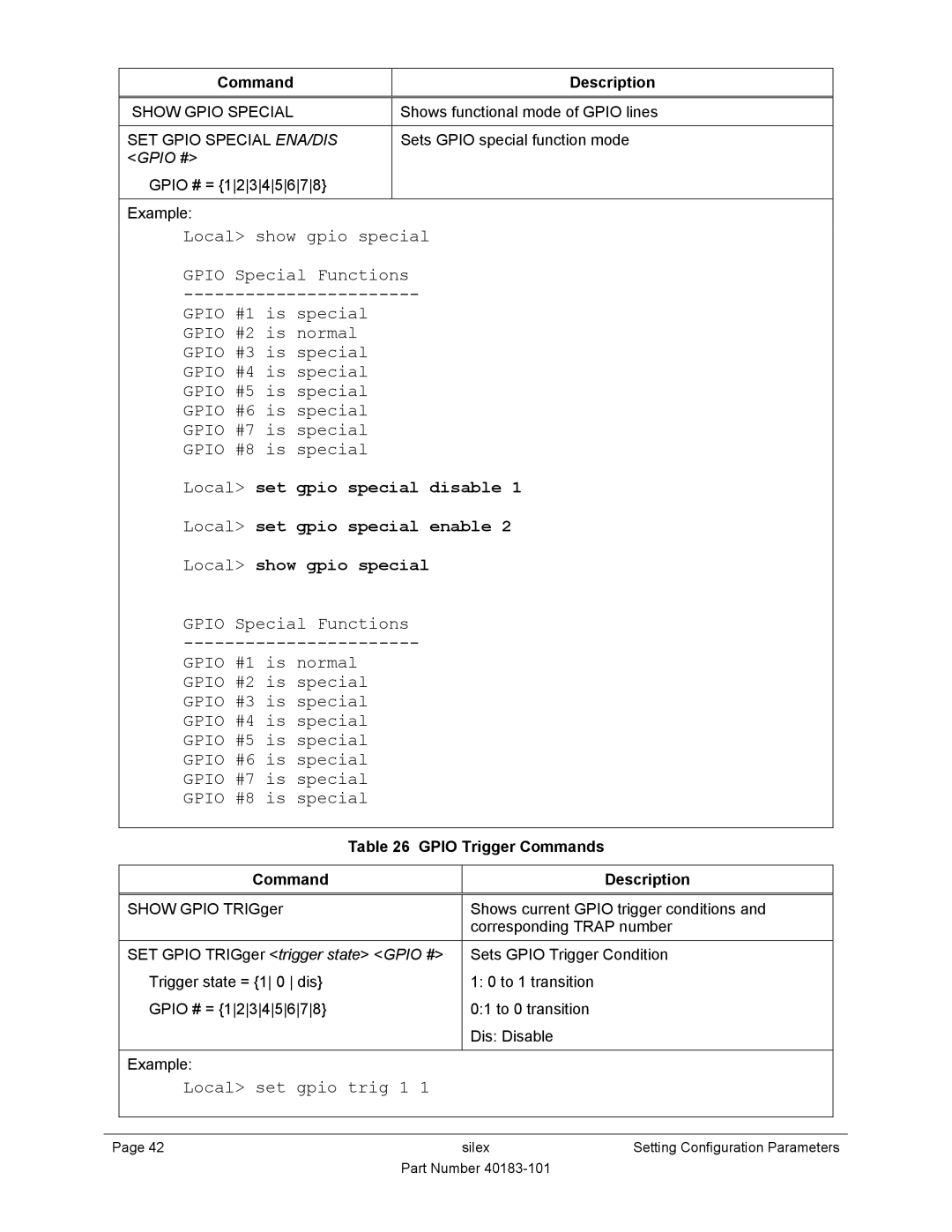 Silex technology SX-550 manual Show Gpio Special, SET Gpio Special ENA/DIS, Gpio Trigger Commands Description 