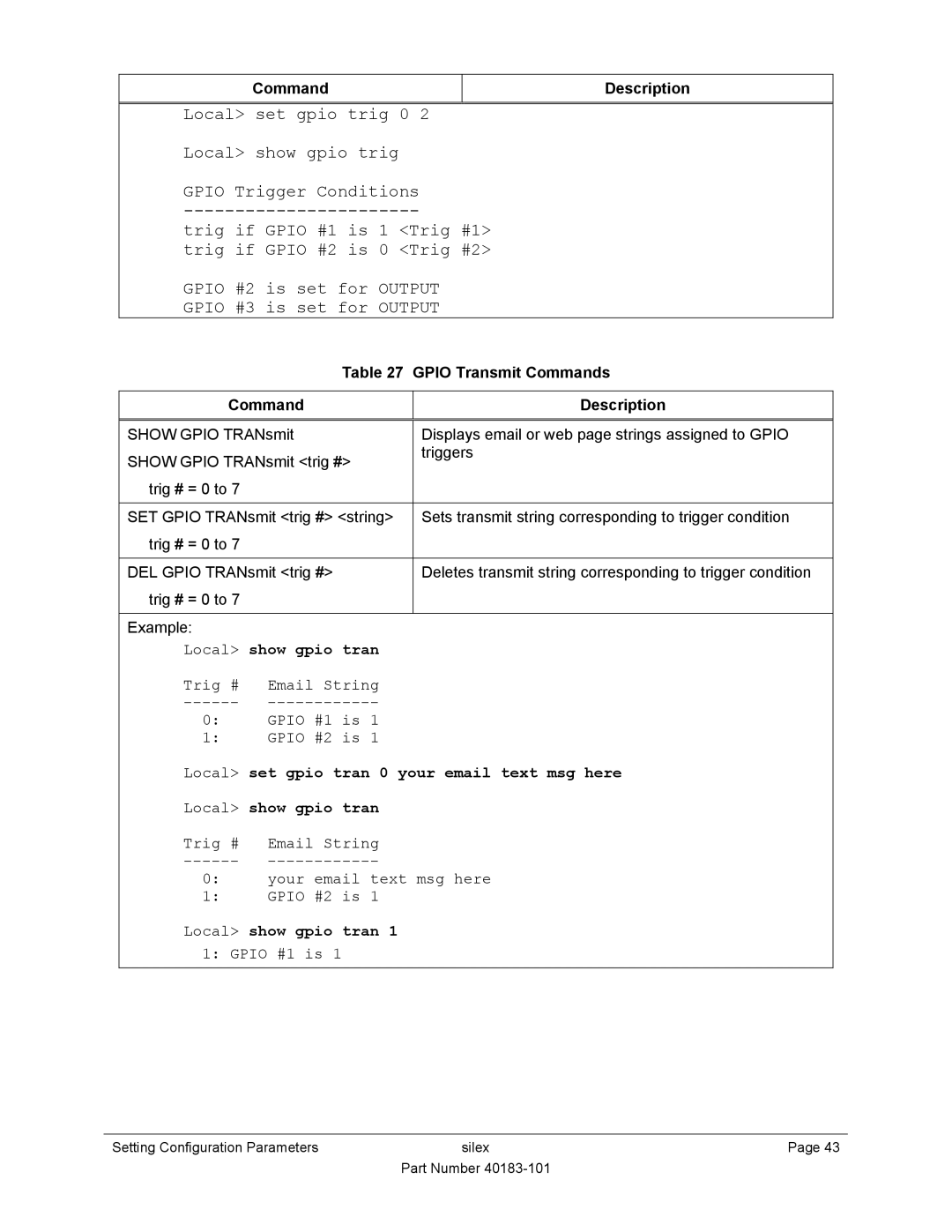 Silex technology SX-550 manual Gpio Transmit Commands Description, Trig # Email String Gpio #1 is Gpio #2 is 