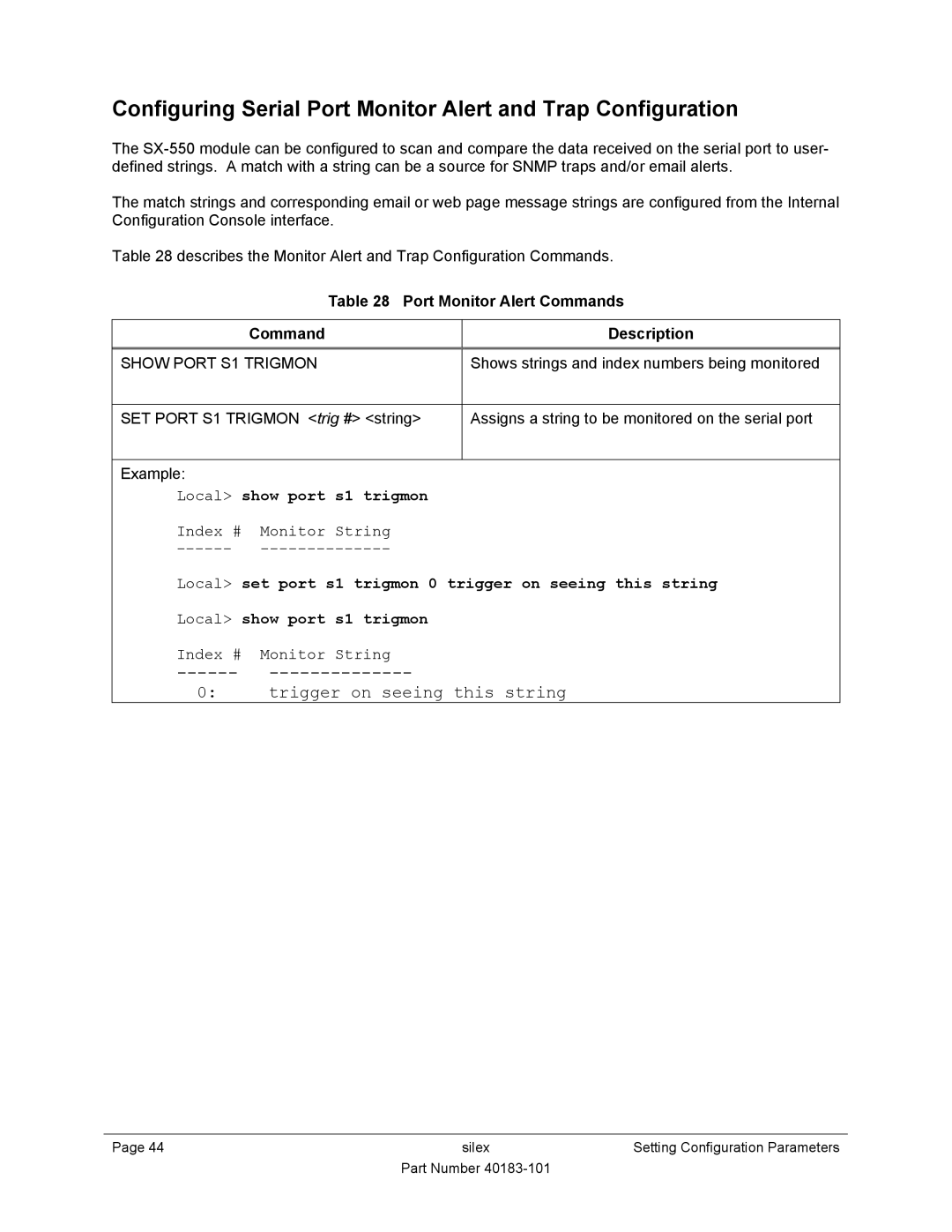 Silex technology SX-550 manual Port Monitor Alert Commands Description, Show Port S1 Trigmon, Index # Monitor String 