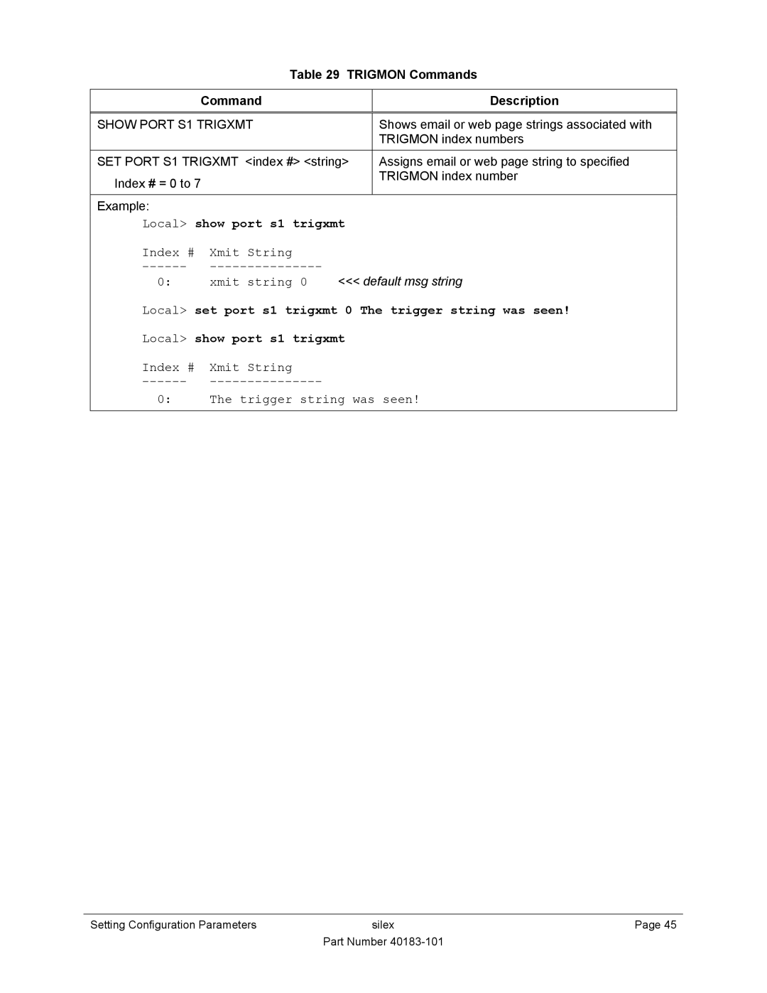 Silex technology SX-550 manual Trigmon Commands Description, Show Port S1 Trigxmt, Index # Xmit String 