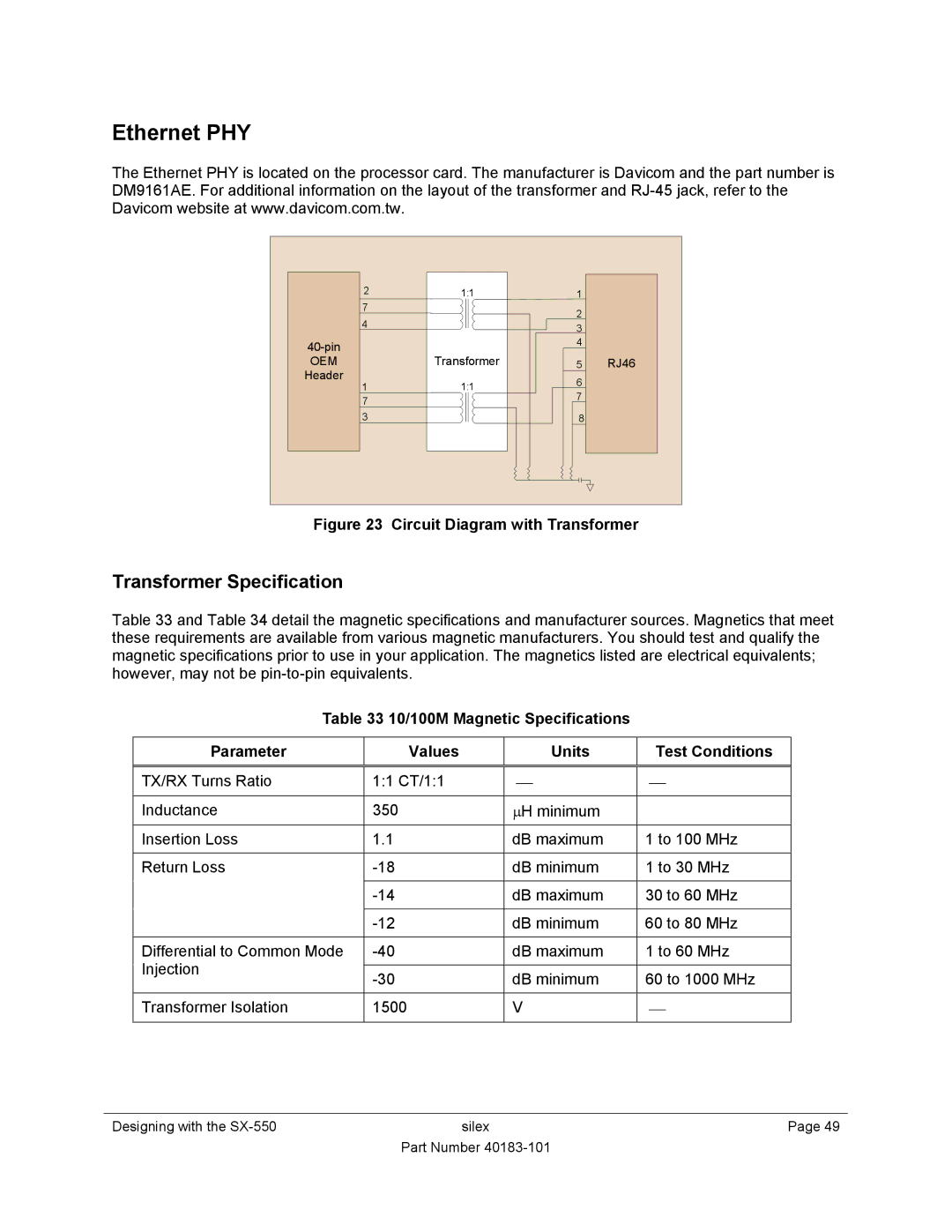 Silex technology SX-550 manual Ethernet PHY, Transformer Specification 