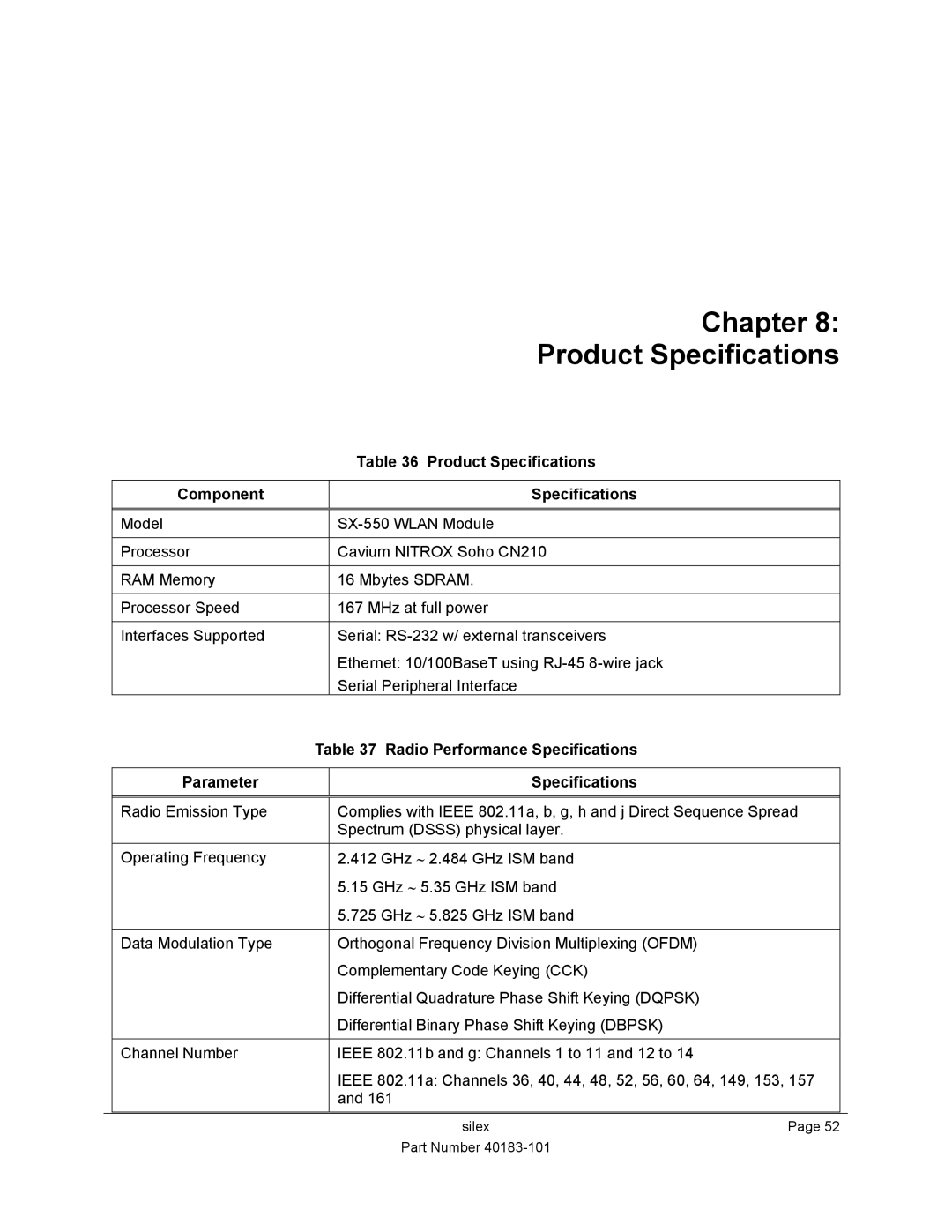 Silex technology SX-550 manual Chapter Product Specifications, Component Specifications 