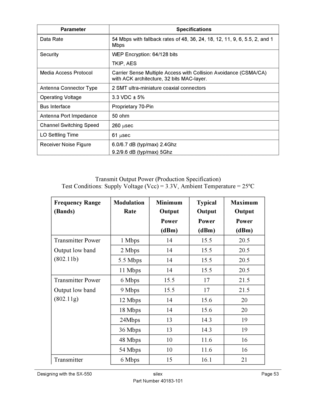 Silex technology SX-550 manual Parameter Specifications, Tkip, Aes 