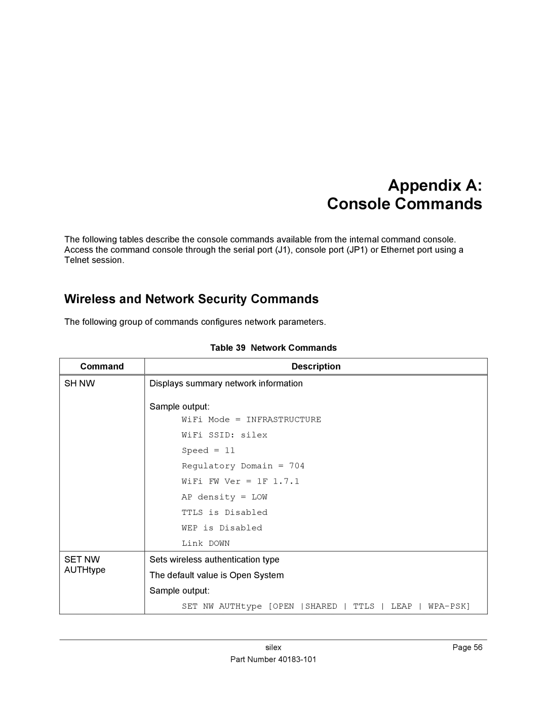 Silex technology SX-550 Appendix a Console Commands, Wireless and Network Security Commands, Network Commands Description 