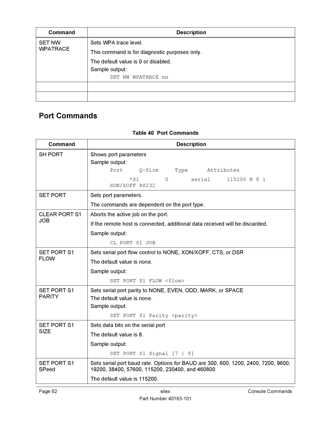 Silex technology SX-550 manual Port Commands Description, XON/XOFF RS232, CL Port S1 JOB 