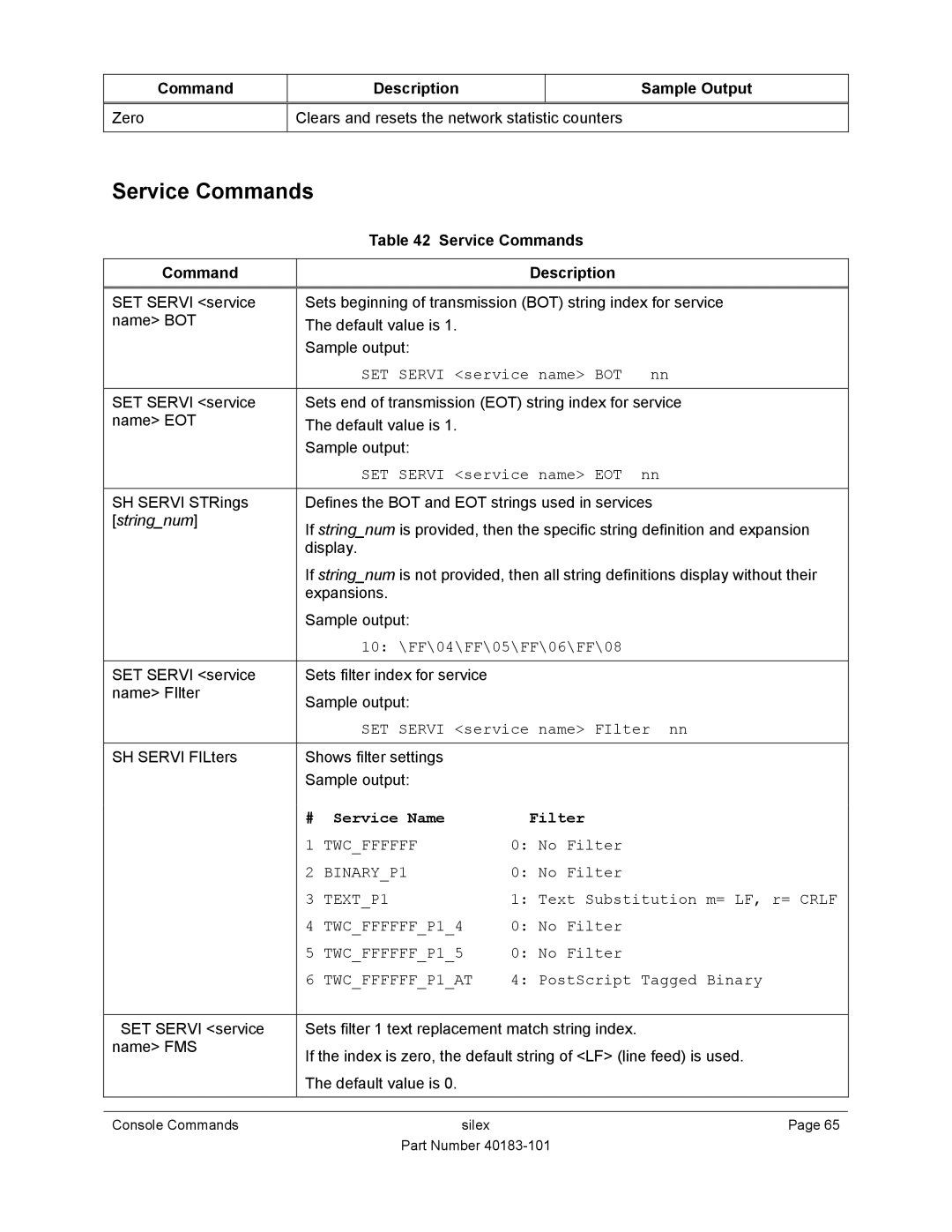 Silex technology SX-550 manual Service Commands Description 