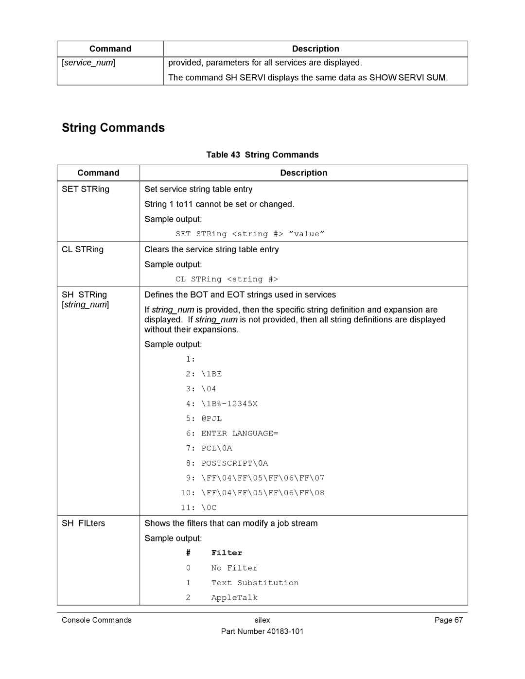 Silex technology SX-550 manual String Commands Description, Enter LANGUAGE=, POSTSCRIPT\0A 