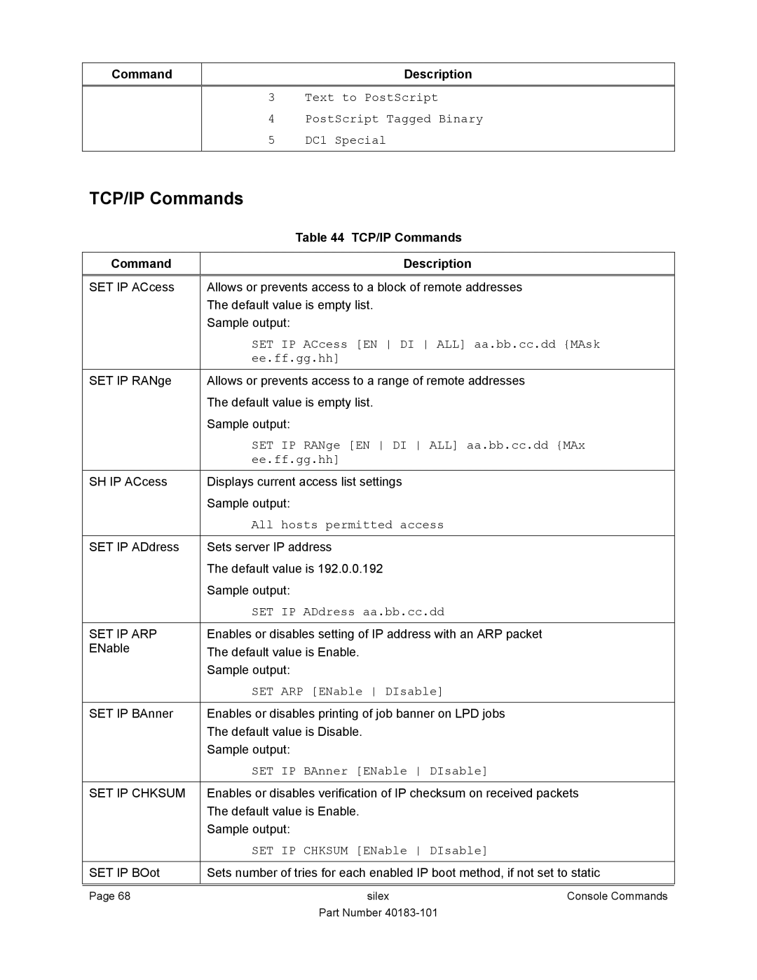 Silex technology SX-550 manual TCP/IP Commands Description 