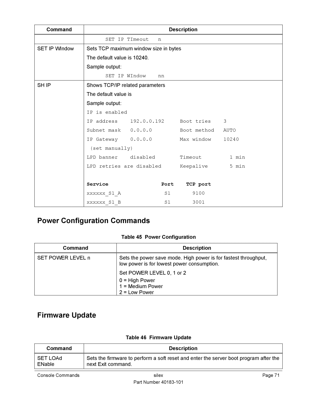 Silex technology SX-550 manual Power Configuration Commands, Firmware Update, Auto, Power Configuration Command Description 