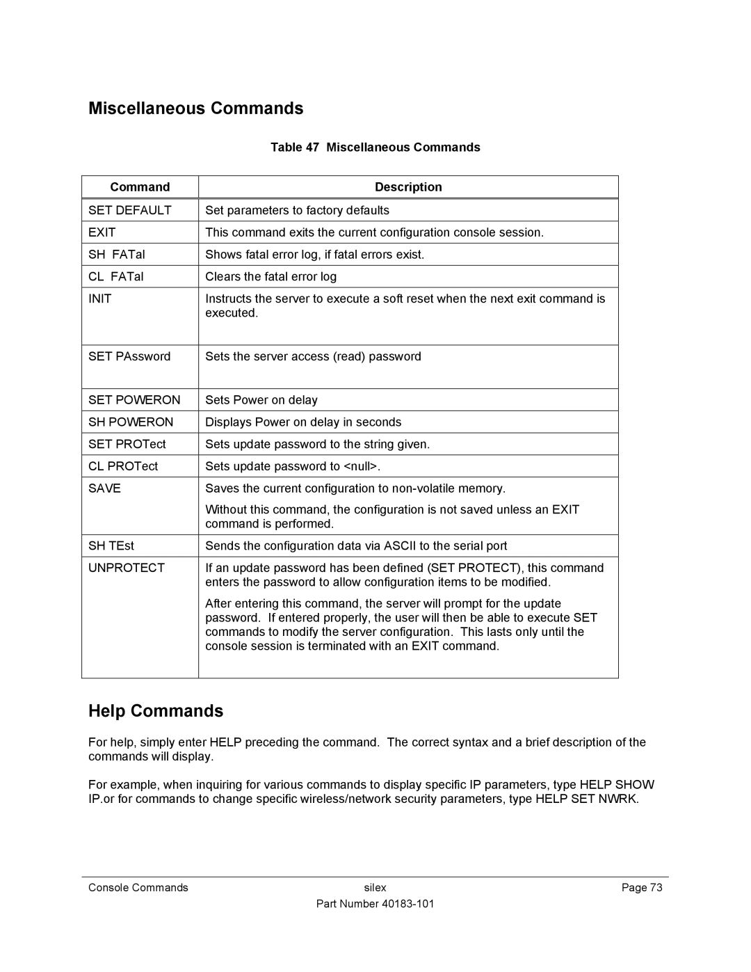 Silex technology SX-550 manual Miscellaneous Commands, Help Commands 